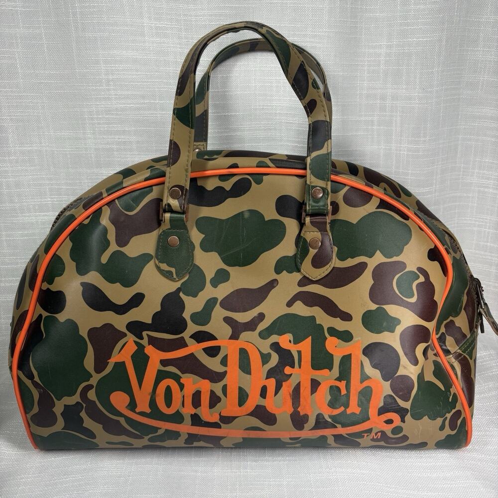 Y2K vtg VON DUTCH Kustom Original LARGE Green Camo Bowling Bag Weekender Luggage